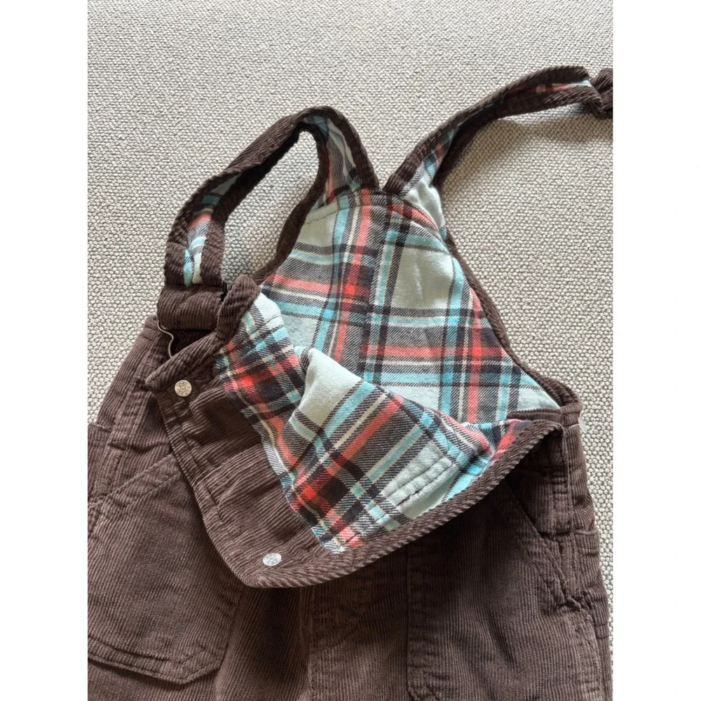OshKosh B'gosh Toddler Boys Brown Corduroy Flannel Lined Overalls 24M Plaid